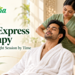 Aloe Spa Madiwala illustration of a therapist giving a head massage, with an hourglass and the heading “Aloe Express Therapy.”