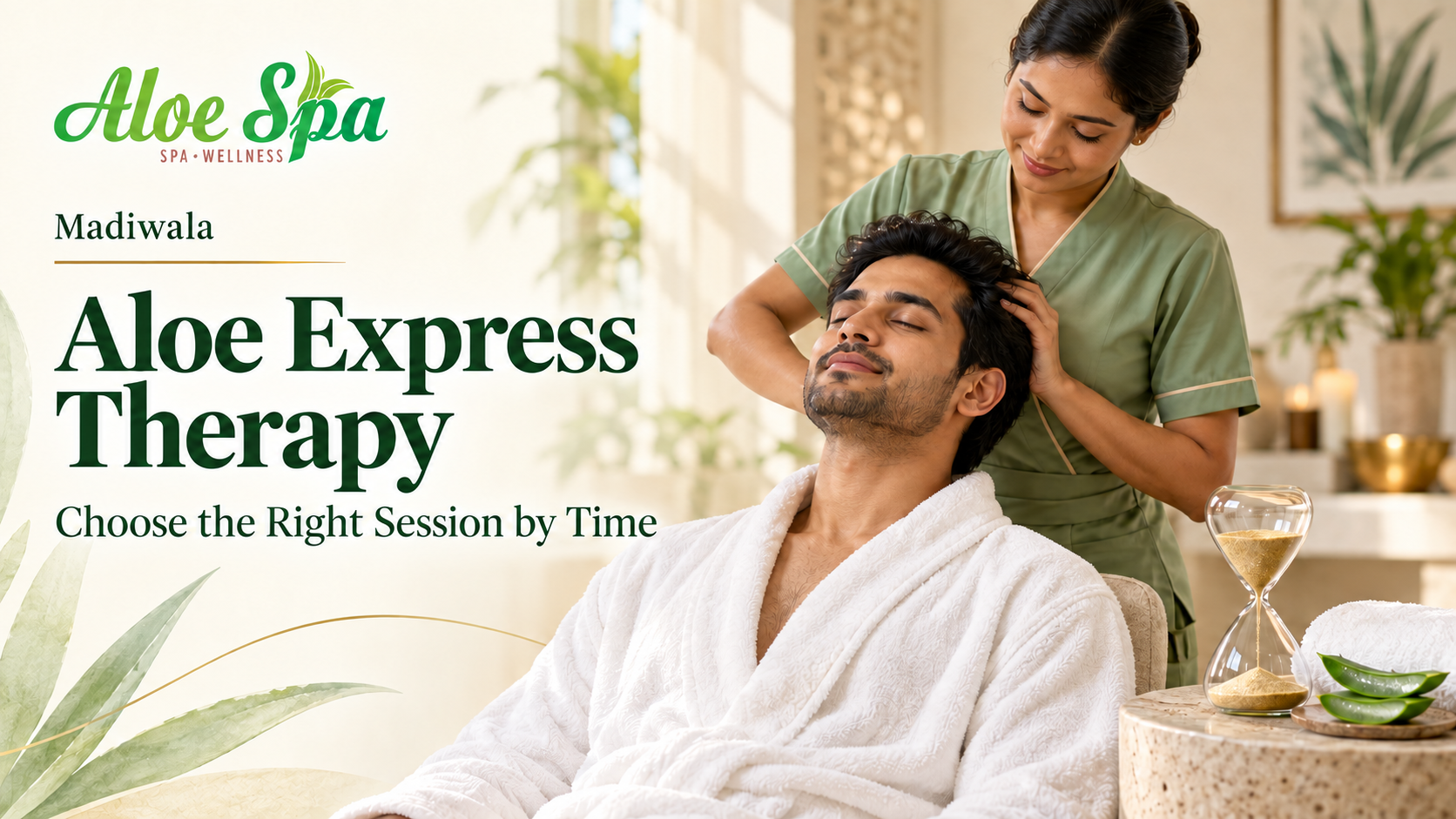 Blog cover for Aloe Spa in Madiwala, illustrating the topic “Choose the Right Session by Time.” A head-massage scene and hourglass represent time-based session planning.