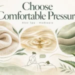 Illustration about choosing comfortable massage pressure, with towels, an oil ripple, aloe leaves and a therapist talking to a draped guest.