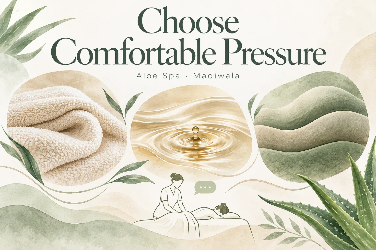 Illustration about choosing comfortable massage pressure, with towels, an oil ripple, aloe leaves and a therapist talking to a draped guest.