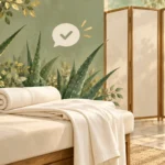Illustration of a folded massage draping sheet, cream towel, closed changing screen and aloe leaves, with a conversation checkmark.