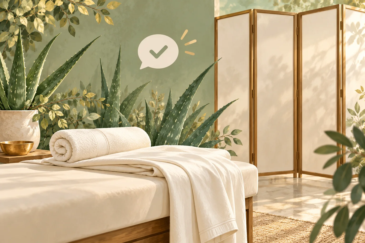 Illustration of a folded massage draping sheet, cream towel, closed changing screen and aloe leaves, with a conversation checkmark.