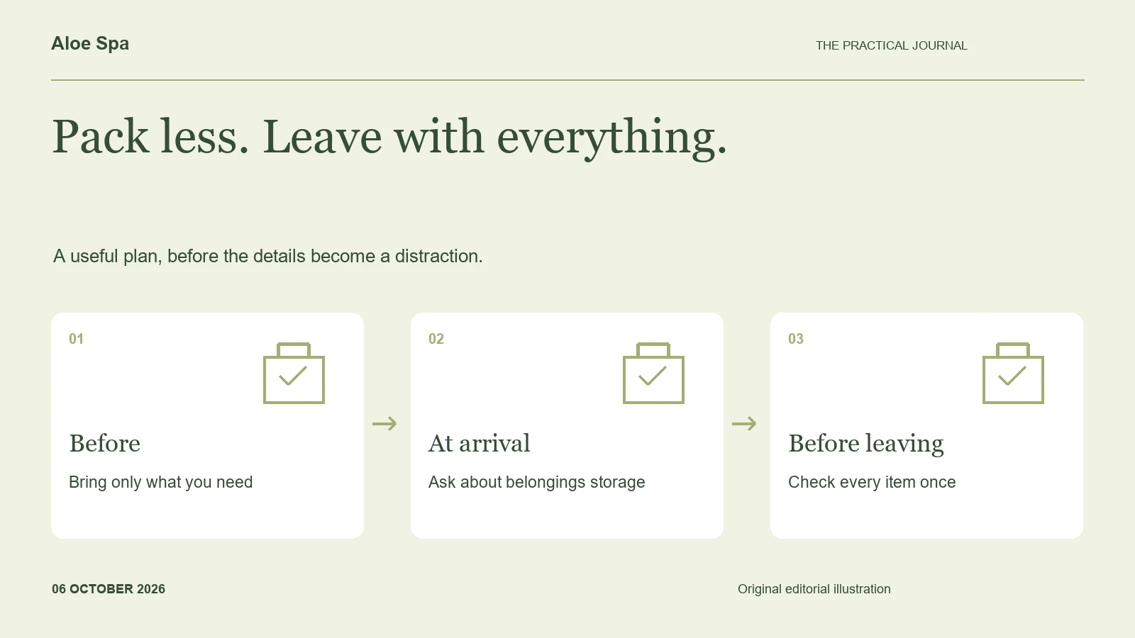 Illustrated guide to spa belongings: bring only essentials, ask about storage, and check every item before leaving.